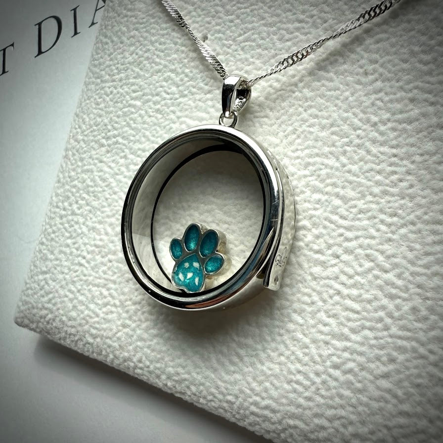 Round glass and .925 Silver locket & Paw Charm