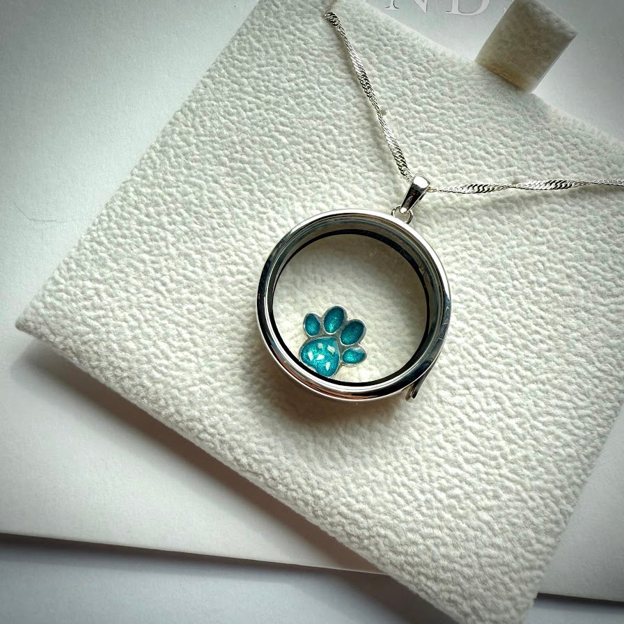 Round glass and .925 Silver locket & Paw Charm